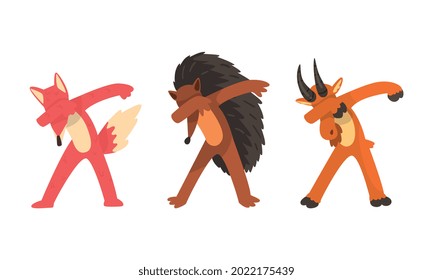 Animals Standing in Dub Dance Pose Set, Fox, Goat, Hedgehog Doing Dabbing Cartoon Vector Illustration