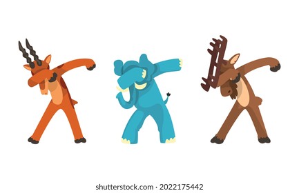 Animals Standing in Dub Dance Pose Set, Goat, Elephant, Moose Doing Dabbing Cartoon Vector Illustration