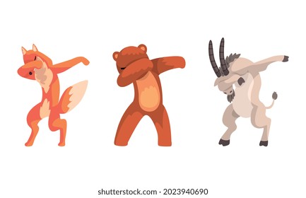 Animals Standing in Dub Dance Pose Set, Fox, Bear, Goat Doing Dabbing Cartoon Vector Illustration