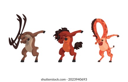 Animals Standing in Dub Dance Pose Set, Elk, Horse, Giraffe Doing Dabbing Cartoon Vector Illustration