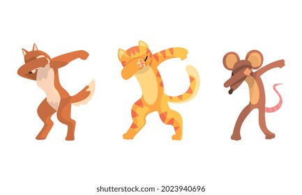 Animals Standing in Dub Dance Pose Set, Fox, Tiger, Mouse Doing Dabbing Cartoon Vector Illustration