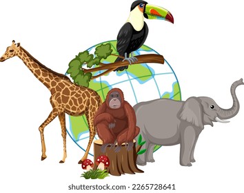 Tiere, die auf der Illustration des Planeten Erde stehen