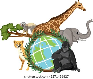 Animals standing on earth planet illustration