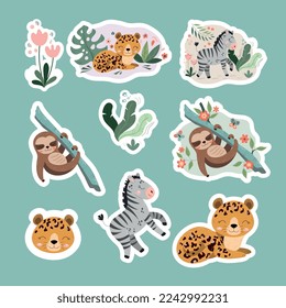 Animals sticker set. Collection of graphic elements for website. Africa and wild life. Zebra, sloth and leopard. Fauna and flora. Cartoon flat vector illustrations isolated on green background