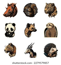 Animals Stickers Flat Icon Set Isolated On White Background
