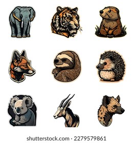 Animals Stickers Flat Icon Set Isolated On White Background