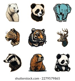 Animals Stickers Flat Icon Set Isolated On White Background