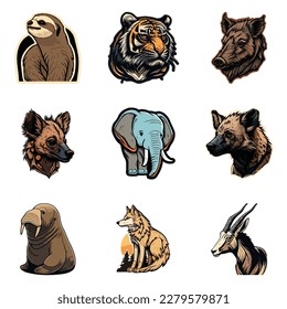 Animals Stickers Flat Icon Set Isolated On White Background