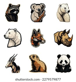 Animals Stickers Flat Icon Set Isolated On White Background