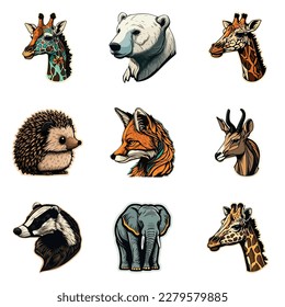 Animals Stickers Flat Icon Set Isolated On White Background