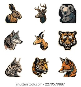 Animals Stickers Flat Icon Set Isolated On White Background