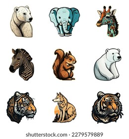 Animals Stickers Flat Icon Set Isolated On White Background