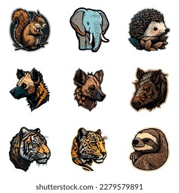 Animals Stickers Flat Icon Set Isolated On White Background