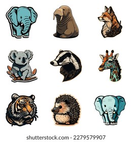 Animals Stickers Flat Icon Set Isolated On White Background