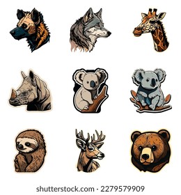 Animals Stickers Flat Icon Set Isolated On White Background