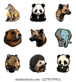 Animals Stickers Flat Icon Set Isolated On White Background