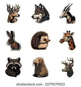 Animals Stickers Flat Icon Set Isolated On White Background