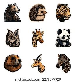 Animals Stickers Flat Icon Set Isolated On White Background