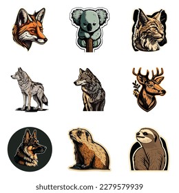 Animals Stickers Flat Icon Set Isolated On White Background