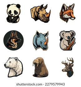 Animals Stickers Flat Icon Set Isolated On White Background