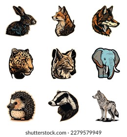 Animals Stickers Flat Icon Set Isolated On White Background