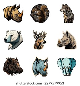 Animals Stickers Flat Icon Set Isolated On White Background
