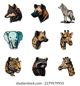 Animals Stickers Flat Icon Set Isolated On White Background