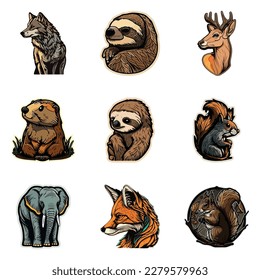 Animals Stickers Flat Icon Set Isolated On White Background