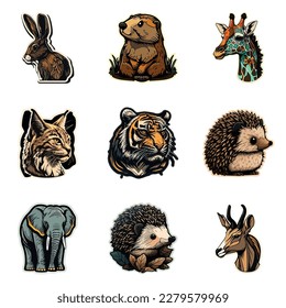 Animals Stickers Flat Icon Set Isolated On White Background