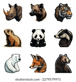Animals Stickers Flat Icon Set Isolated On White Background