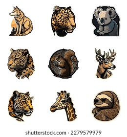Animals Stickers Flat Icon Set Isolated On White Background