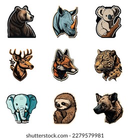 Animals Stickers Flat Icon Set Isolated On White Background