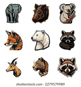 Animals Stickers Flat Icon Set Isolated On White Background