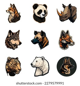 Animals Stickers Flat Icon Set Isolated On White Background