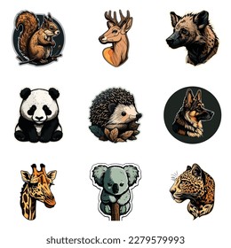 Animals Stickers Flat Icon Set Isolated On White Background