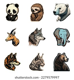 Animals Stickers Flat Icon Set Isolated On White Background