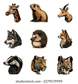 Animals Stickers Flat Icon Set Isolated On White Background