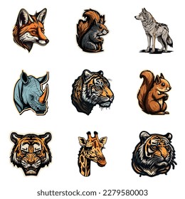 Animals Stickers Flat Icon Set Isolated On White Background