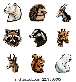 Animals Stickers Flat Icon Set Isolated On White Background