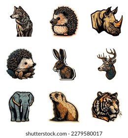 Animals Stickers Flat Icon Set Isolated On White Background