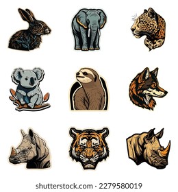 Animals Stickers Flat Icon Set Isolated On White Background
