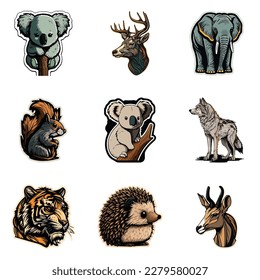 Animals Stickers Flat Icon Set Isolated On White Background