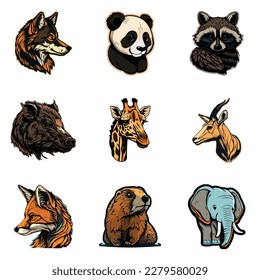 Animals Stickers Flat Icon Set Isolated On White Background