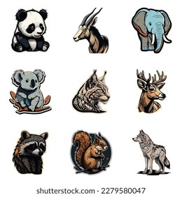 Animals Stickers Flat Icon Set Isolated On White Background