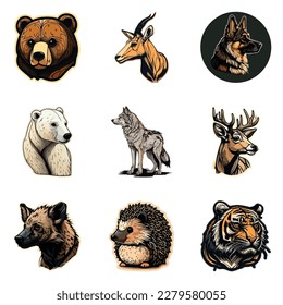 Animals Stickers Flat Icon Set Isolated On White Background