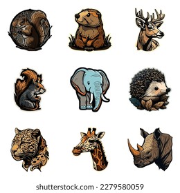 Animals Stickers Flat Icon Set Isolated On White Background