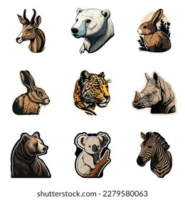 Animals Stickers Flat Icon Set Isolated On White Background