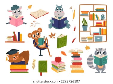 Animals student and books. Baby funny animal reading book. Isolated children mascots read, cute monkey, bear and sheep, classy vector characters