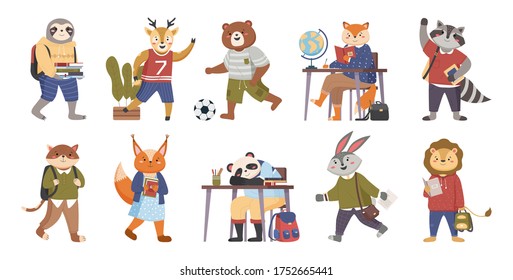 Colección divertida de dibujos animados de los estudiantes. Estudiantes de animales inteligentes en escritura educativa, lectura de libros, estudiantes. De vuelta a la escuela. Amigos del bosque con libros estudiando. Vector infantil