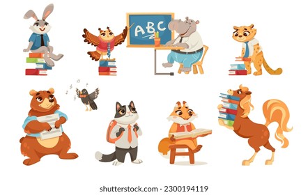 Animals Students at School Studying Having Lesson Vector Set